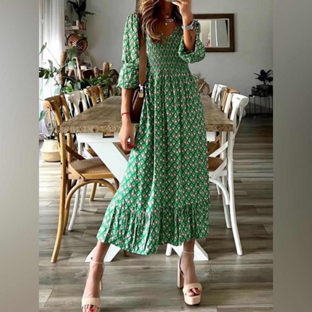 Summer Dress Long Sleeve V-neck Elastic Waist Splicing